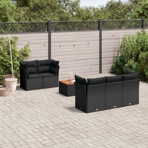 Ensemble jardin 6 places noir résine tressée avec table acacia et rangements intégrés
