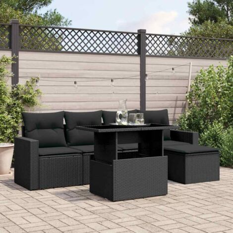 Ensemble jardin 6 places noir résine tressée avec table extensible et coussins lavables - Salon extérieur modulaire avec repose-pieds