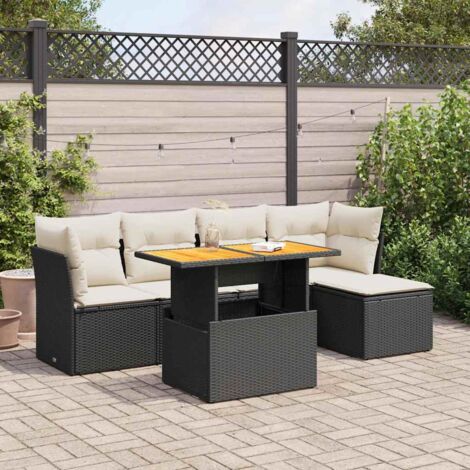 Ensemble Jardin 6 Places Noir Résine Tressée avec Table Réglable et Coussins Crème - Salon d'Extérieur Modulaire avec Rangement Intégré