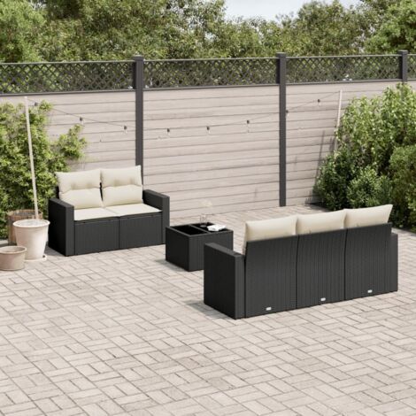 Ensemble Jardin 6 Places Noir Résine Tressée avec Table Verre et Coussins Crème - Salon Extérieur Modulaire