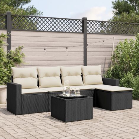 Ensemble jardin 6 places noir résine tressée avec table verre et coussins déhoussables - Salon extérieur modulaire
