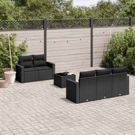 Ensemble jardin 6 places noir résine tressée avec table verre et rangement intégré