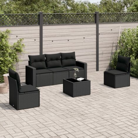 Ensemble jardin 6 places noir résine tressée avec table verre et rangement intégré