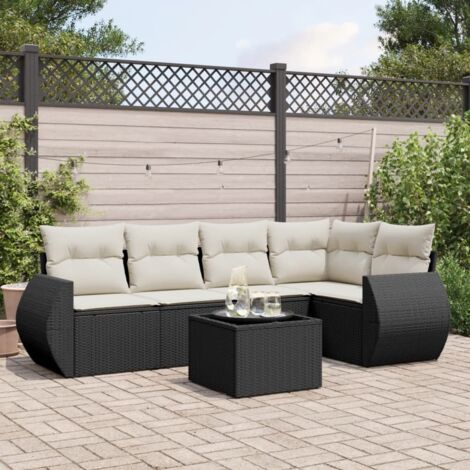 Ensemble jardin 6 places noir résine tressée avec table verre et rangement intégré