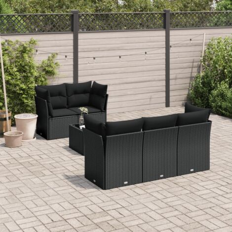 Ensemble Jardin 6 Places Noir Résine Tressée avec Table Verre Trempé et Coussins Amovibles