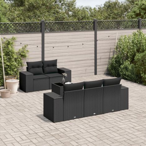 Ensemble jardin 6 places noir résine tressée avec table verre trempé et coussins amovibles - Salon extérieur modulaire pour terrasse