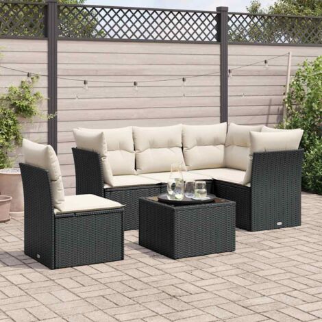 Ensemble Jardin 6 Places Noir Résine Tressée avec Table Verre Trempé et Coussins Crème - Salon Extérieur Modulaire