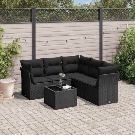 Ensemble Jardin 6 Places Noir Résine Tressée avec Table Verre Trempé et Coussins Détachables