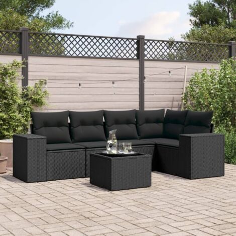 Ensemble Jardin 6 Places Noir Résine Tressée avec Table Verre Trempé et Coussins Lavables