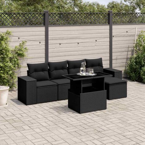 Ensemble Jardin 6 Places Noir Résine Tressée - Salon Extérieur avec Table Réglable et Coussins Lavables