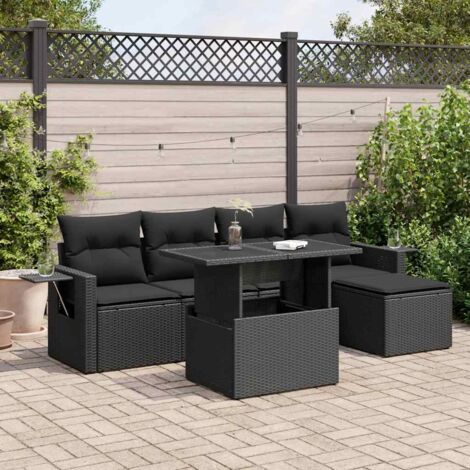 Ensemble Jardin 6 Places Noir Résine Tressée - Salon Extérieur avec Table Réglable et Coussins Lavables, Stockage Intégré