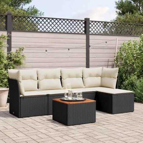 Ensemble jardin 6 places résine tressée noir avec coussins crème et rangements intégrés - Salon extérieur modulaire acacia et polyester