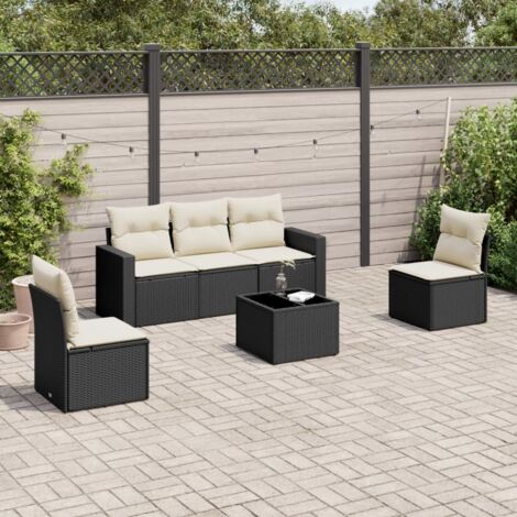 Ensemble jardin 6 places résine tressée noir avec coussins crème et table verre - Salon extérieur modulaire
