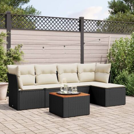 Ensemble jardin 6 places résine tressée noir avec coussins crème - Salon d'extérieur modulaire avec table acacia et repose-pieds