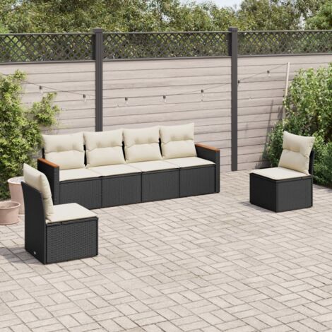 Ensemble jardin 6 places résine tressée noir avec coussins crème - Salon extérieur modulaire