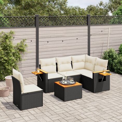 Ensemble jardin 6 places résine tressée noir avec coussins crème - Salon extérieur modulaire acacia et acier