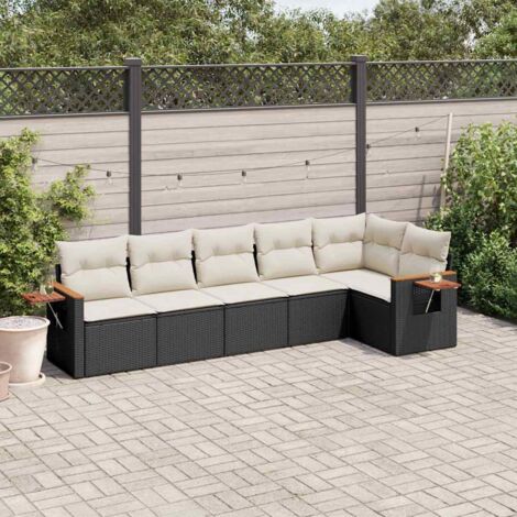 Ensemble jardin 6 places résine tressée noir avec coussins crème - Salon extérieur modulaire avec table d'appoint