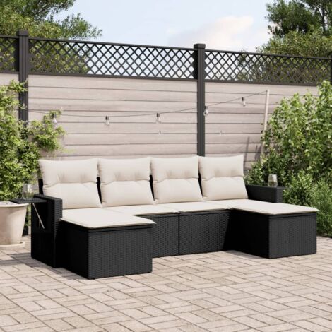 Ensemble jardin 6 places résine tressée noir avec coussins crème - Salon extérieur modulaire avec tables d'appoint