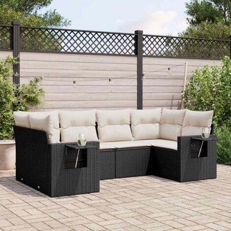 Ensemble jardin 6 places résine tressée noir avec coussins crème - Salon extérieur modulaire rangement intégré table d'appoint