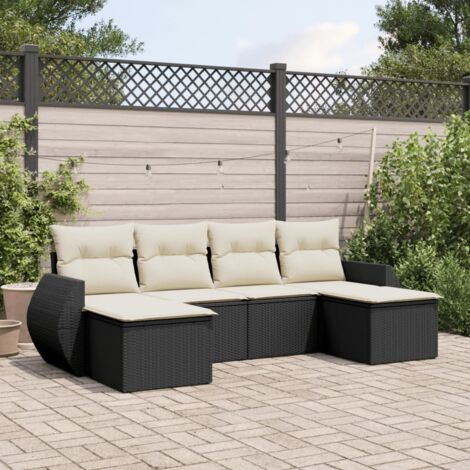 Ensemble jardin 6 places résine tressée noir avec coussins crème - Salon extérieur modulaire résistant aux intempéries