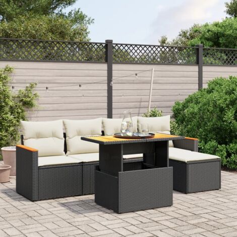Ensemble jardin 6 places résine tressée noir avec coussins crème - Table extensible acacia - Meuble extérieur modulaire lavable