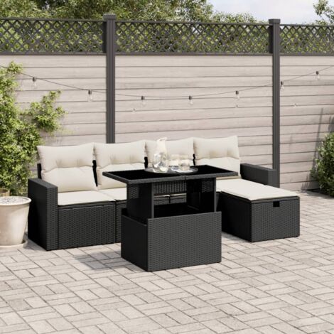 Ensemble Jardin 6 Places Résine Tressée Noir avec Coussins Crème - Table Réglable, Modulaire et Lavable