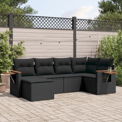 Ensemble jardin 6 places résine tressée noir avec coussins déhoussables et table d'appoint intégrée