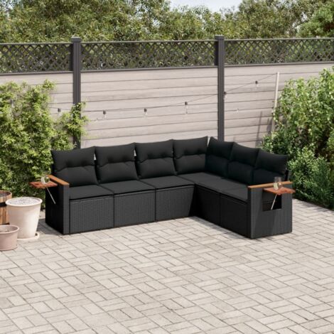 Ensemble jardin 6 places résine tressée noir avec coussins déhoussables et table d'appoint intégrée