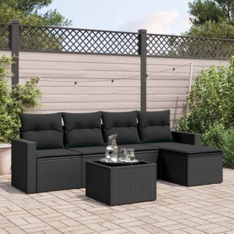 Ensemble jardin 6 places résine tressée noir avec coussins déhoussables et table verre trempé - Salon d'extérieur modulaire pour terrasse