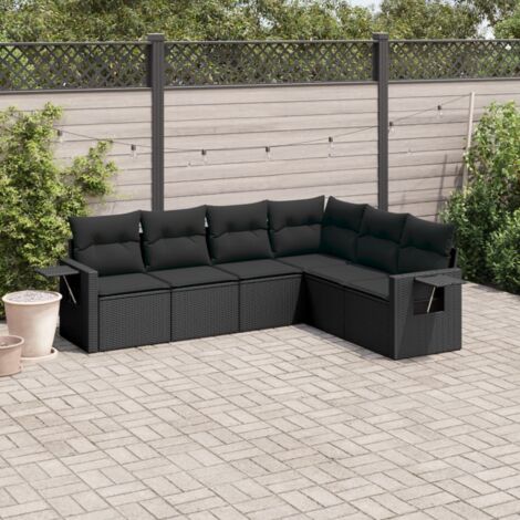 Ensemble jardin 6 places résine tressée noir avec coussins déhoussables - Salon extérieur modulaire avec tables d'appoint