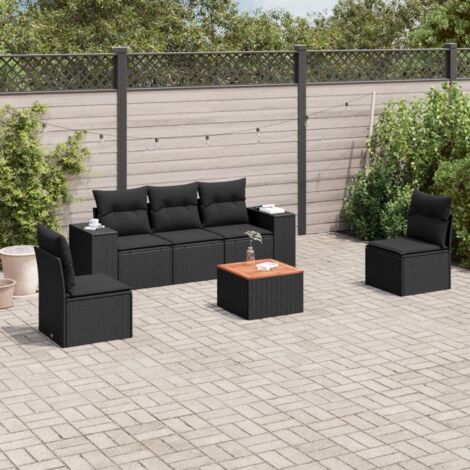 Ensemble jardin 6 places résine tressée noir avec coussins et table acacia - Meuble extérieur modulaire rangement intégré