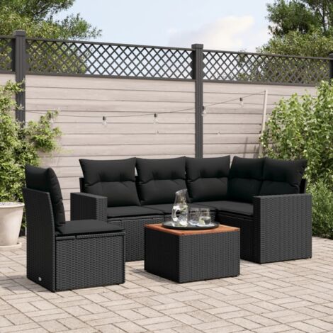 Ensemble jardin 6 places résine tressée noir avec coussins et table acacia - Salon extérieur modulaire rangement intégré