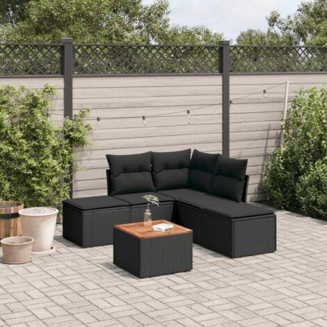 Ensemble jardin 6 places résine tressée noir avec coussins et table acacia - Salon extérieur modulaire rangement intégré