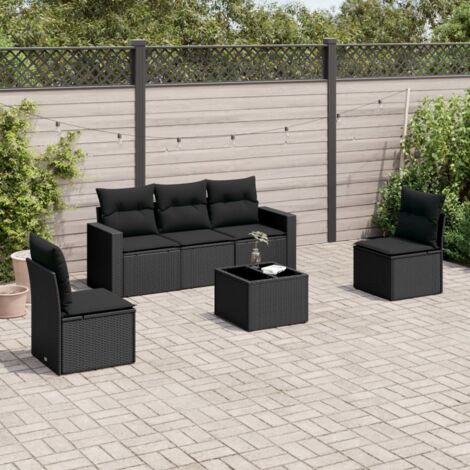 Ensemble jardin 6 places résine tressée noir avec coussins et table verre - Salon extérieur modulaire 5 sièges
