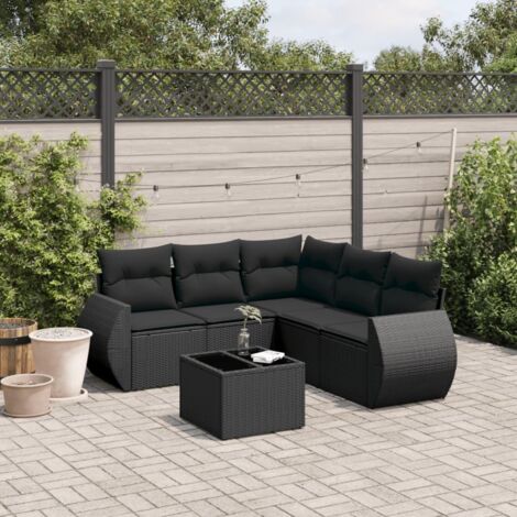 Ensemble jardin 6 places résine tressée noir avec coussins et table verre trempé - Salon extérieur modulaire