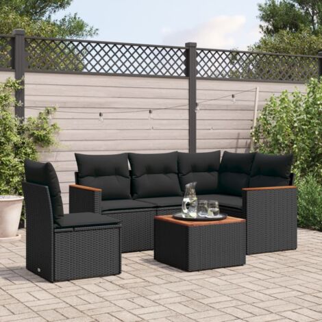 Ensemble Jardin 6 Places Résine Tressée Noir avec Coussins - Salon d'Extérieur Modulaire en Polyrotin avec Table Acacia