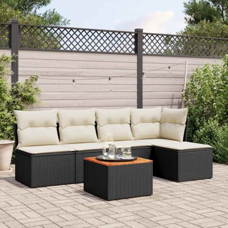 Ensemble jardin 6 places résine tressée noir avec coussins - Salon extérieur modulaire avec rangement et table acacia