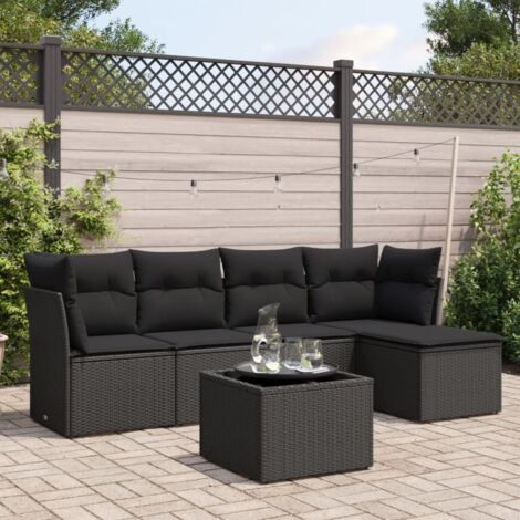 Ensemble Jardin 6 Places Résine Tressée Noir avec Coussins - Salon Extérieur Modulaire Table Verre Trempé