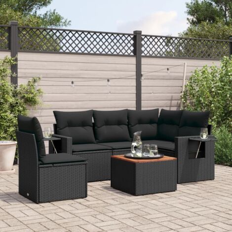 Ensemble jardin 6 places résine tressée noir avec table acacia et coussins amovibles - Salon d'extérieur modulaire pour terrasse
