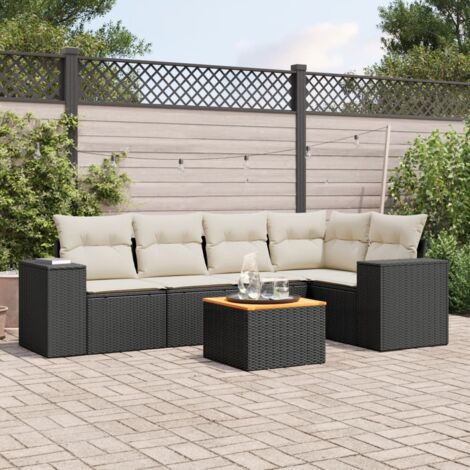 Ensemble jardin 6 places résine tressée noir avec table acacia et coussins crème - Salon extérieur modulaire