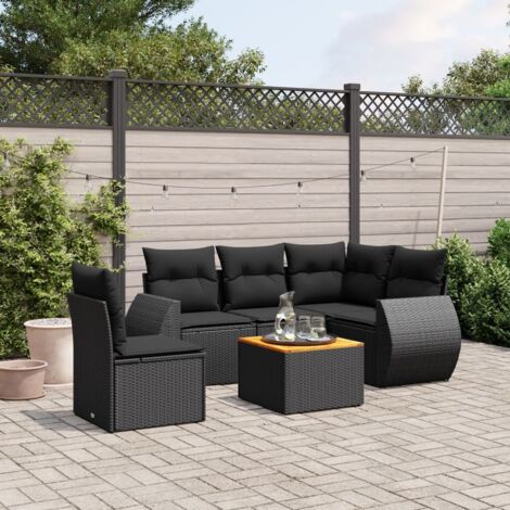 Ensemble jardin 6 places résine tressée noir avec table acacia et coussins déhoussables - Salon extérieur modulaire résistant aux intempéries