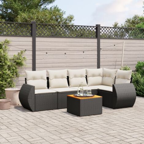 Ensemble jardin 6 places résine tressée noir avec table acacia et coussins lavables - Salon extérieur modulaire