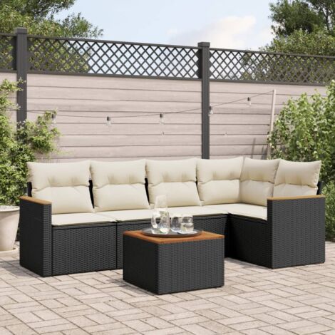 Ensemble jardin 6 places résine tressée noir avec table acacia et coussins lavables - Salon extérieur modulaire