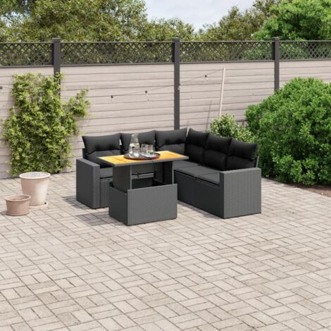 Ensemble jardin 6 places résine tressée noir avec table extensible acacia et coussins lavables - Salon extérieur modulaire