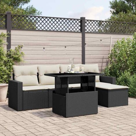 Ensemble jardin 6 places résine tressée noir avec table extensible et coussins crème - Salon extérieur modulaire 5 sièges