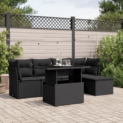 Ensemble jardin 6 places résine tressée noir avec table réglable et coussins amovibles - Salon extérieur modulaire