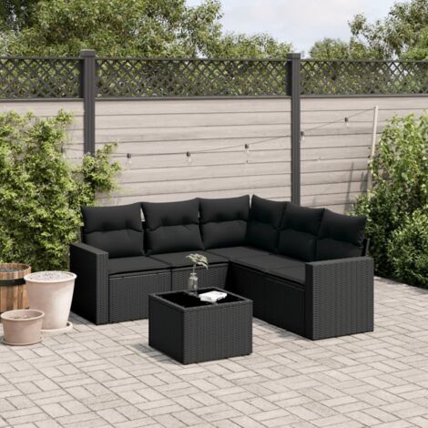 Ensemble jardin 6 places résine tressée noir avec table verre trempé et coussins amovibles - Salon extérieur modulaire