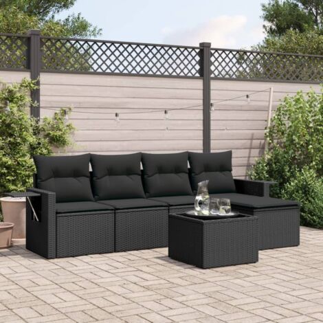Ensemble jardin 6 places résine tressée noir avec table verre trempé et coussins confortables - Salon extérieur modulaire pour terrasse