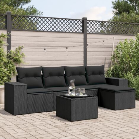 Ensemble jardin 6 places résine tressée noir avec table verre trempé et rangement intégré - Salon extérieur modulaire avec coussins lavables