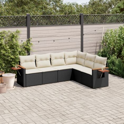 Ensemble Jardin 6 Places Résine Tressée Noire avec Coussins Crème - Salon Extérieur Modulaire avec Table d'Appoint